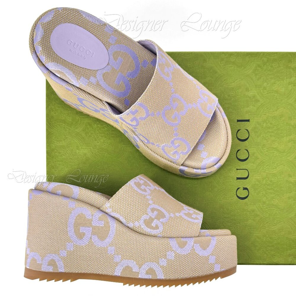 NEW GUCCI Macro GG Beige Monogram Canvas Platform Wedges Size EU 40 US 10
